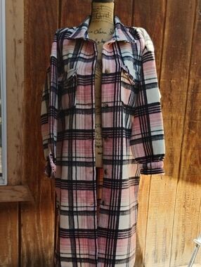 DIP Pink and Cream Plaid Long Shacket